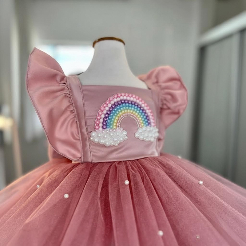 Satin Mesh Bow Imitation Pearls Cap Sleeve Midi Dresses - image 3