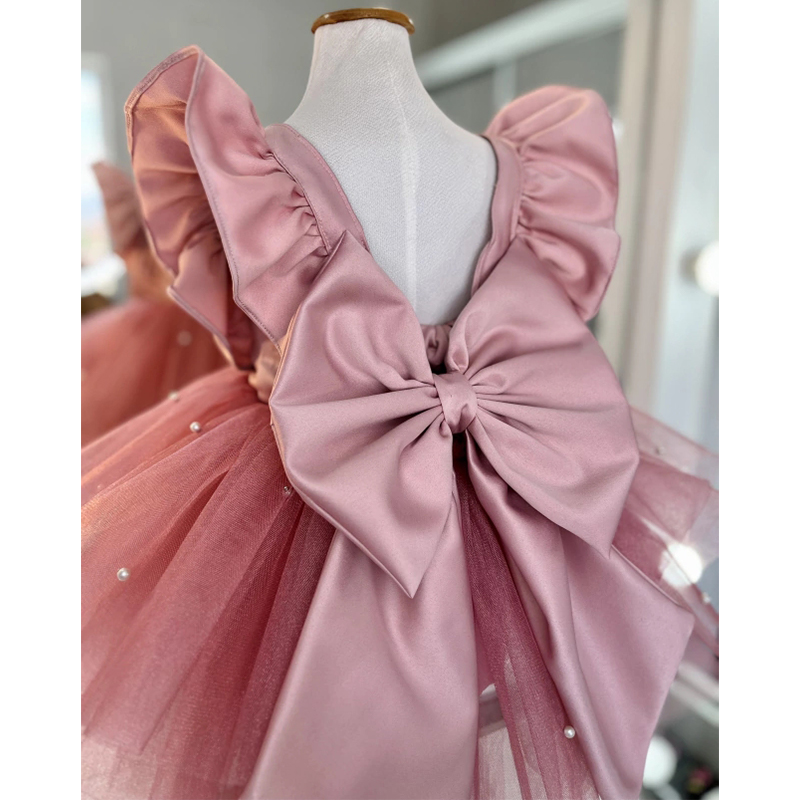 Satin Mesh Bow Imitation Pearls Cap Sleeve Midi Dresses - image 4