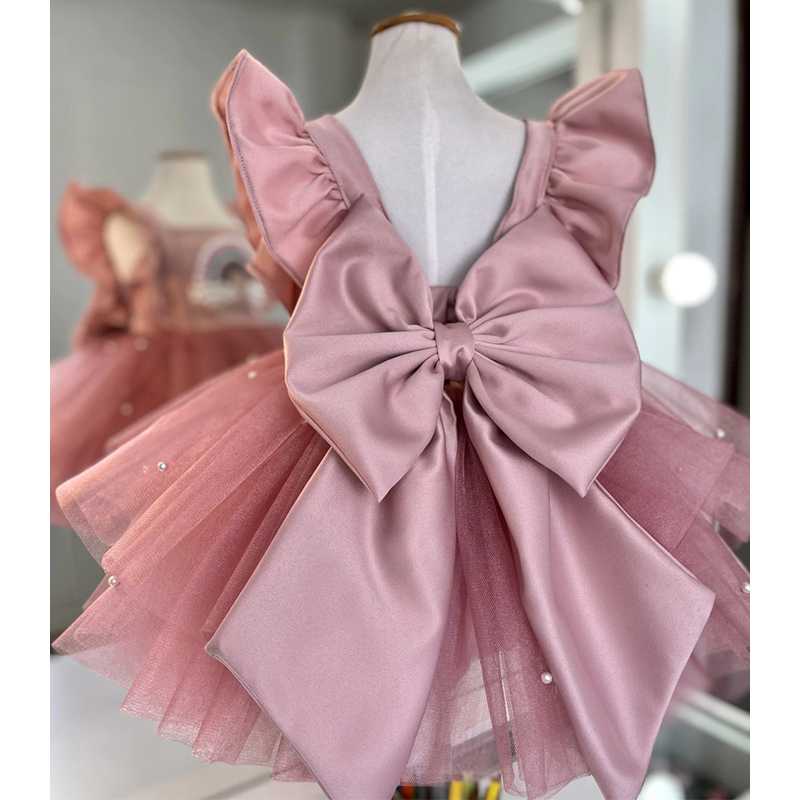 Satin Mesh Bow Imitation Pearls Cap Sleeve Midi Dresses - image 2