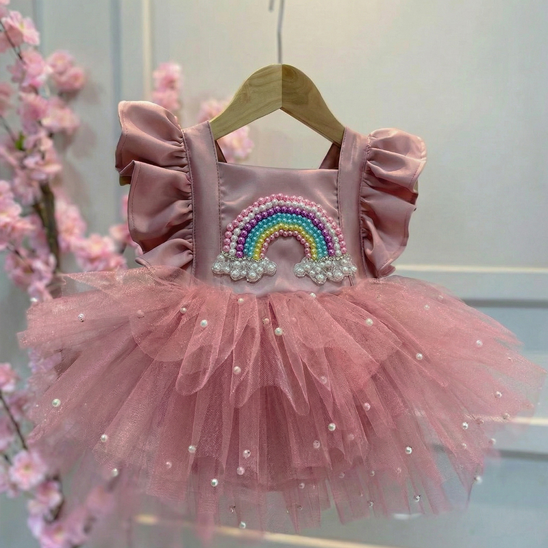 Satin Mesh Bow Imitation Pearls Cap Sleeve Midi Dresses - Pink - 5Y - image 1