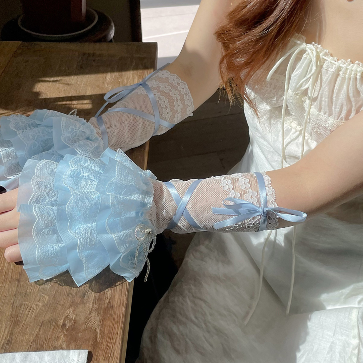 Solid Stitching Lace Gloves - Blue - image 10