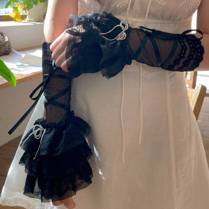 Solid Stitching Lace Gloves - Black - image 14