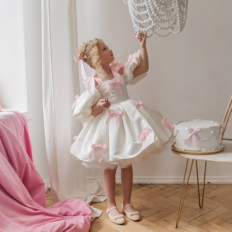 Satin Bow Short Sleeve Regular Dresses - Pink - 15-16Y - image 1