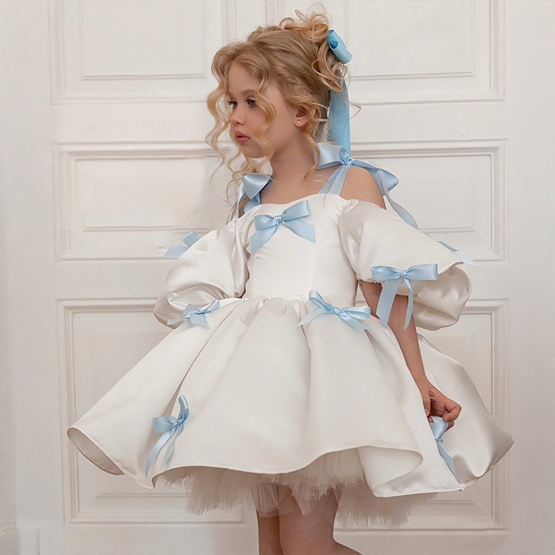 Satin Bow Short Sleeve Regular Dresses - Blue - 10Y - image 6