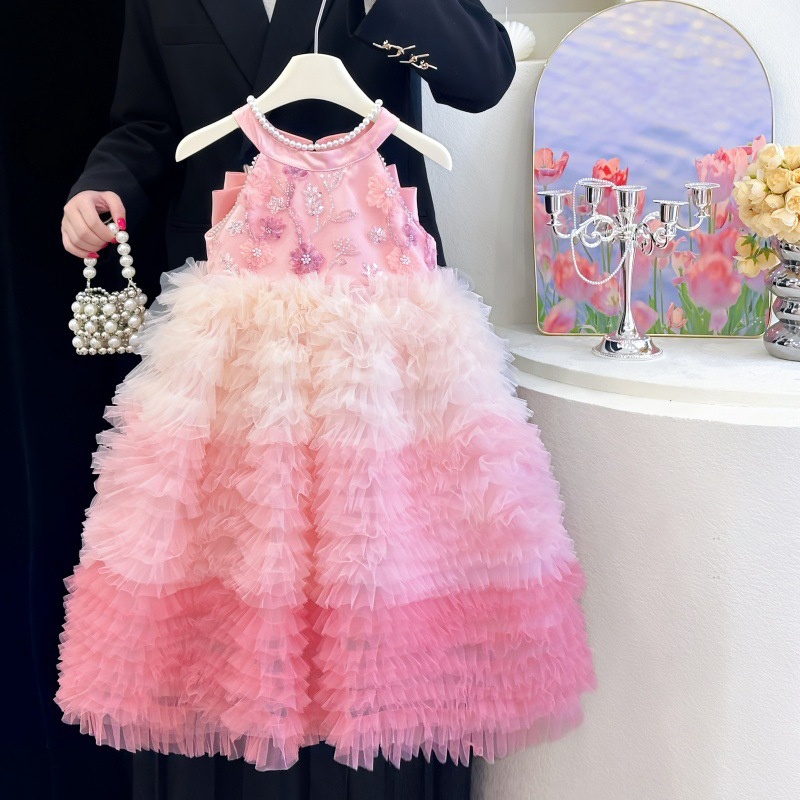 Mesh Satin Folds Bow Beading Rosette Sequins Sleeveless Maxi Dresses - Pink - 13-14Y - image 2