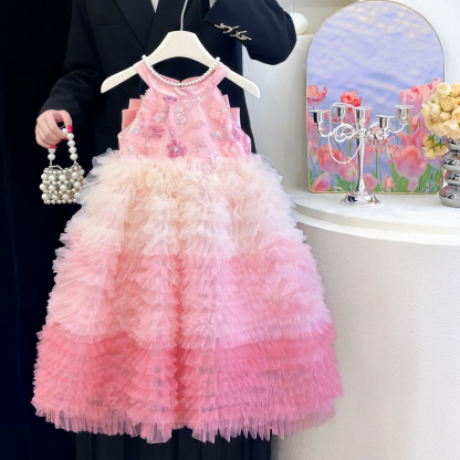 Mesh Satin Folds Bow Beading Rosette Sequins Sleeveless Maxi Dresses - Pink - 13-14Y - image 2