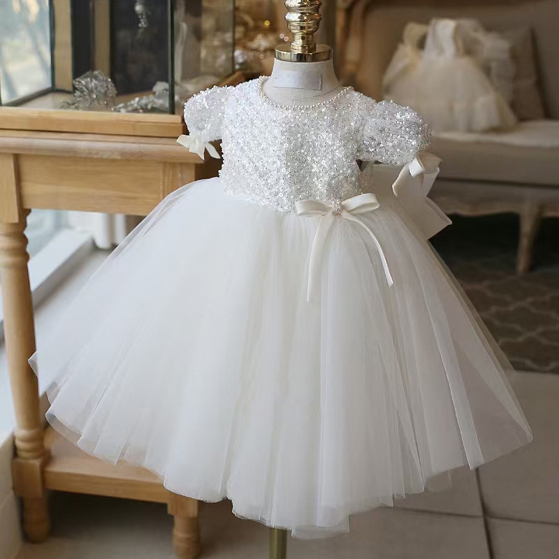 Mesh Split Joint Bow Pearl Short Sleeve Midi Dresses - Beige - 5-6Y - image 1