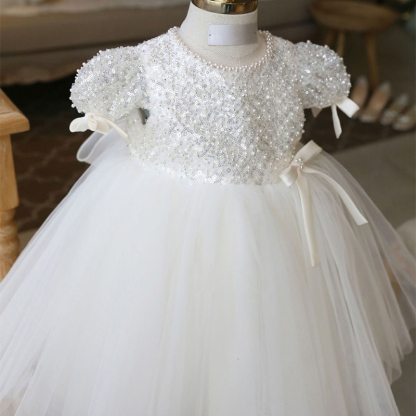 Mesh Split Joint Bow Pearl Short Sleeve Midi Dresses - image 3