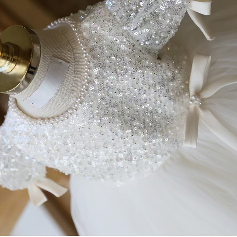 Mesh Split Joint Bow Pearl Short Sleeve Midi Dresses - image 6