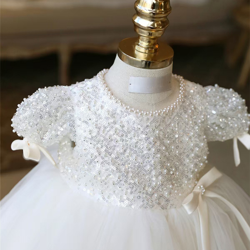 Mesh Split Joint Bow Pearl Short Sleeve Midi Dresses - image 4