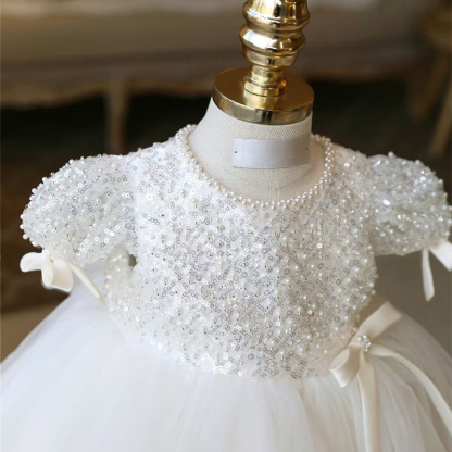 Mesh Split Joint Bow Pearl Short Sleeve Midi Dresses - image 4