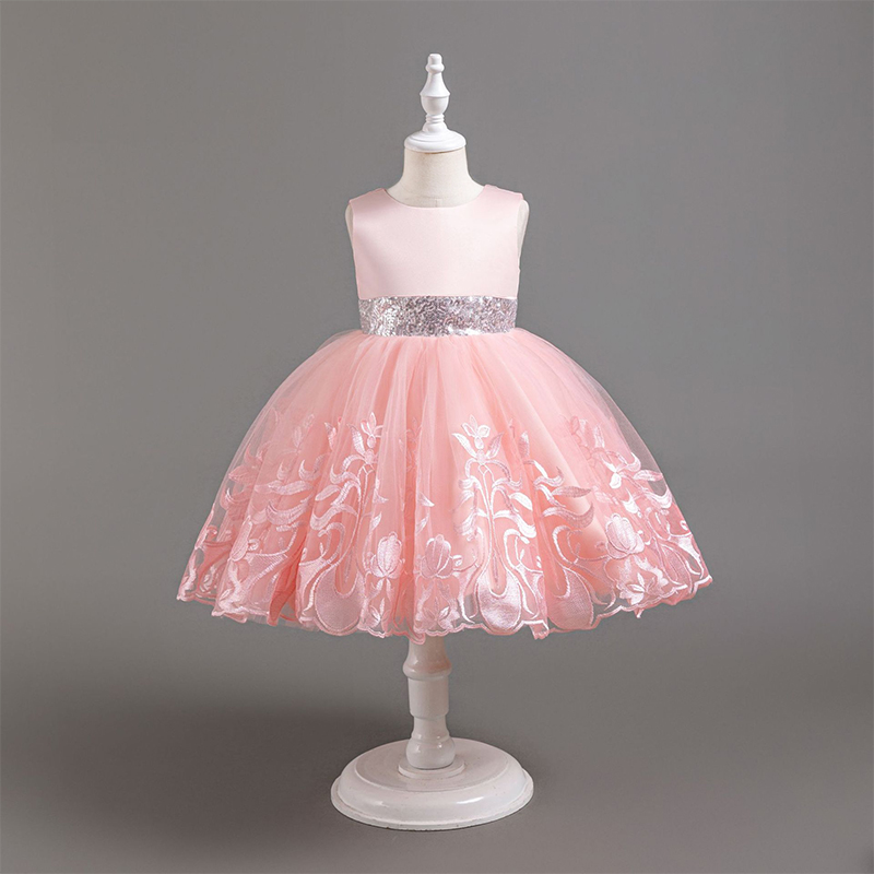 Mesh Satin Bow Sequins Embroidery Sleeveless Regular Dresses - Light Pink - 8-9Y - image 1