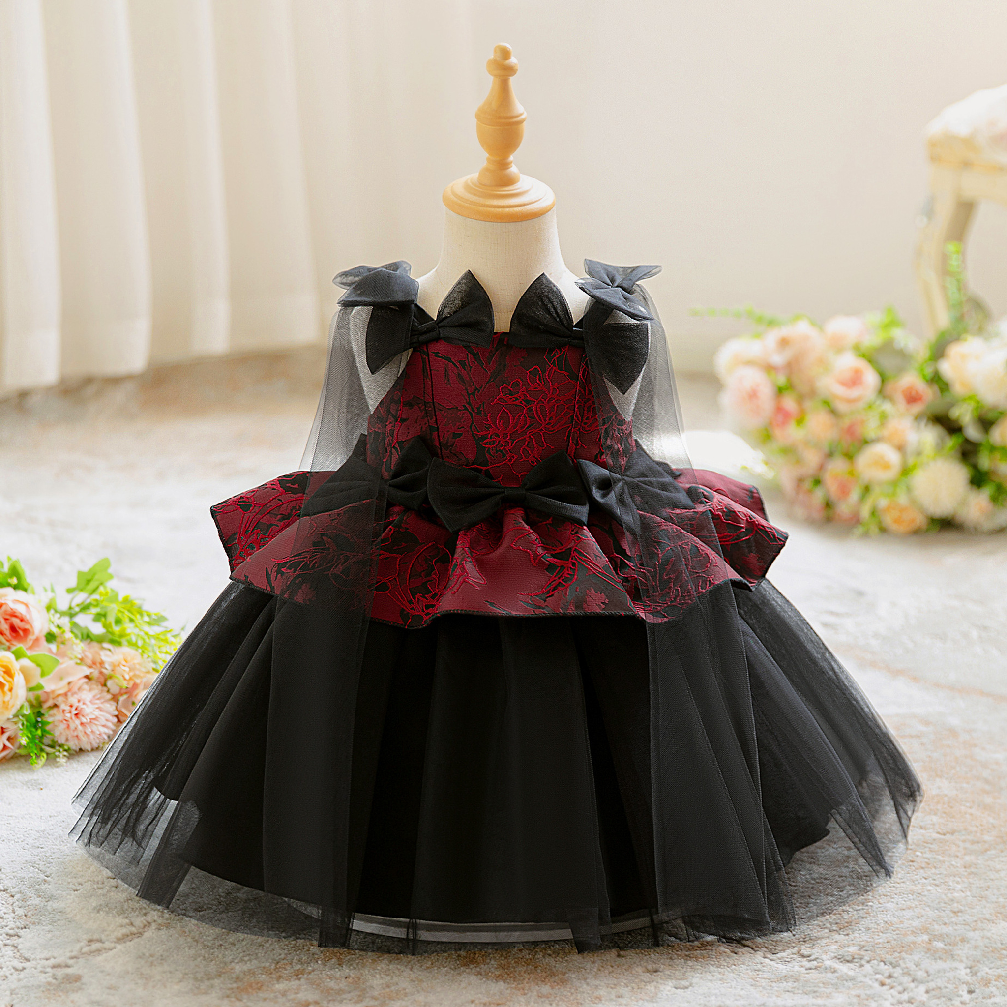 Mesh Split Joint Sleeveless Midi Dresses - Black&Red - 2-3Y - image 8