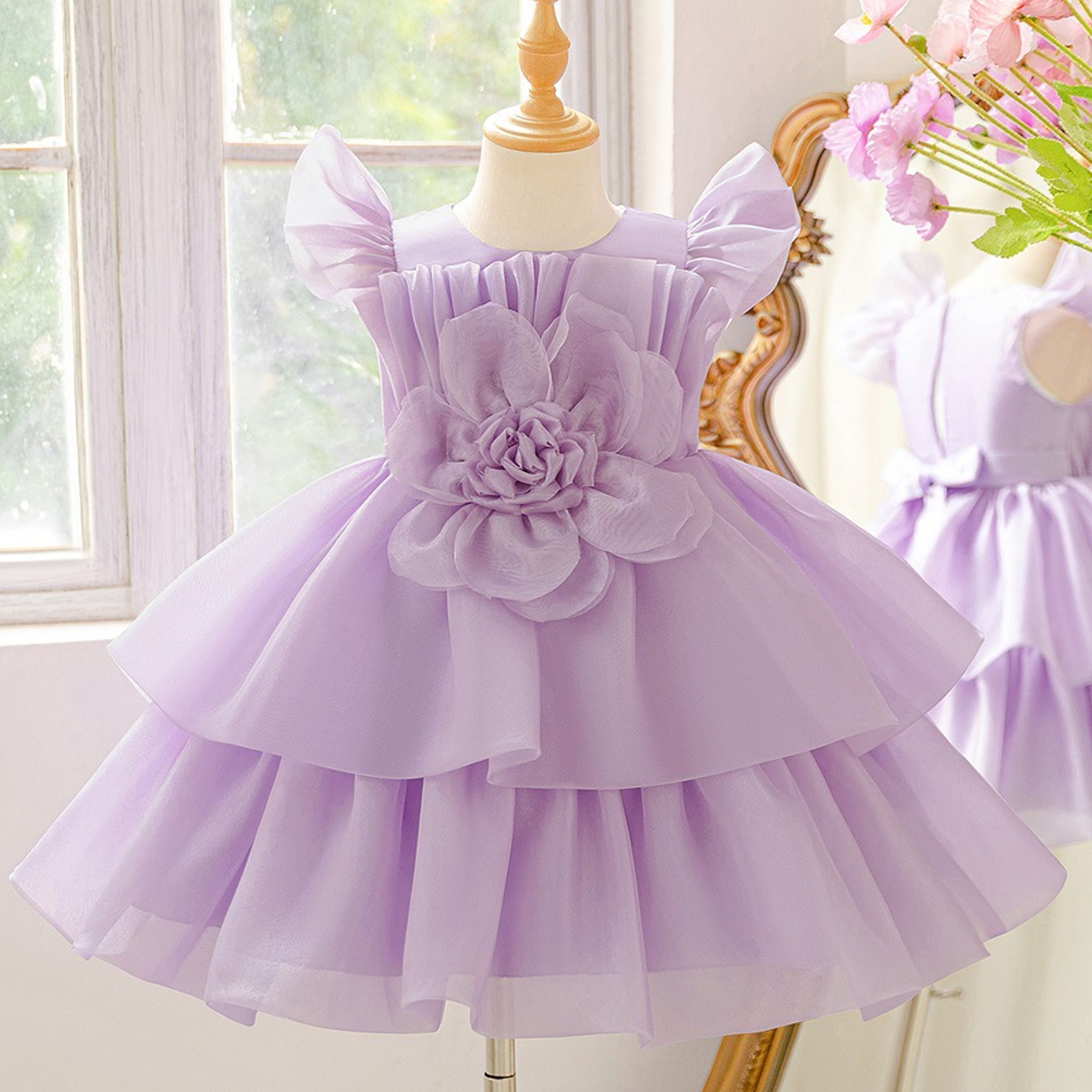 Organza Rosette Cap Sleeve Midi Dresses - Light Purple - 8Y - image 1