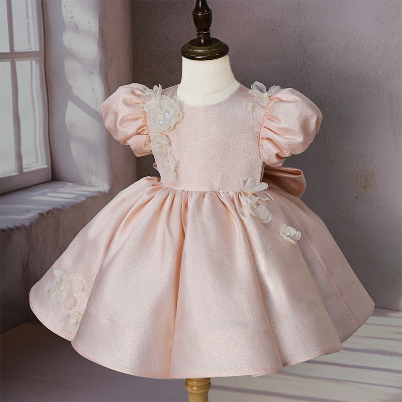Satin Rosette Bow Short Sleeve Midi Dresses - Pink - 8-10Y - image 1