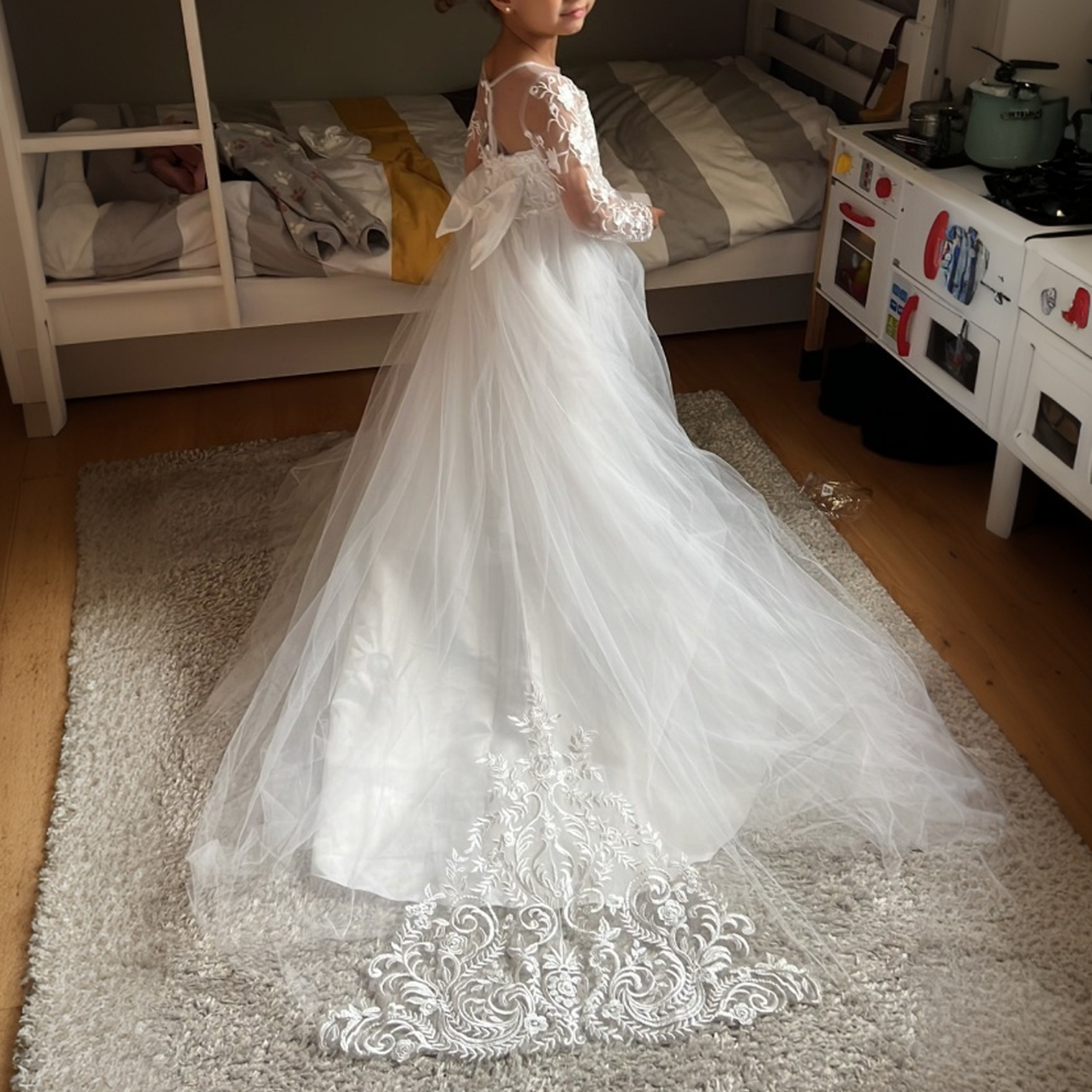 Mesh Applique Bow Long Sleeve Maxi Dresses - image 5