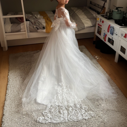 Mesh Applique Bow Long Sleeve Maxi Dresses - image 5