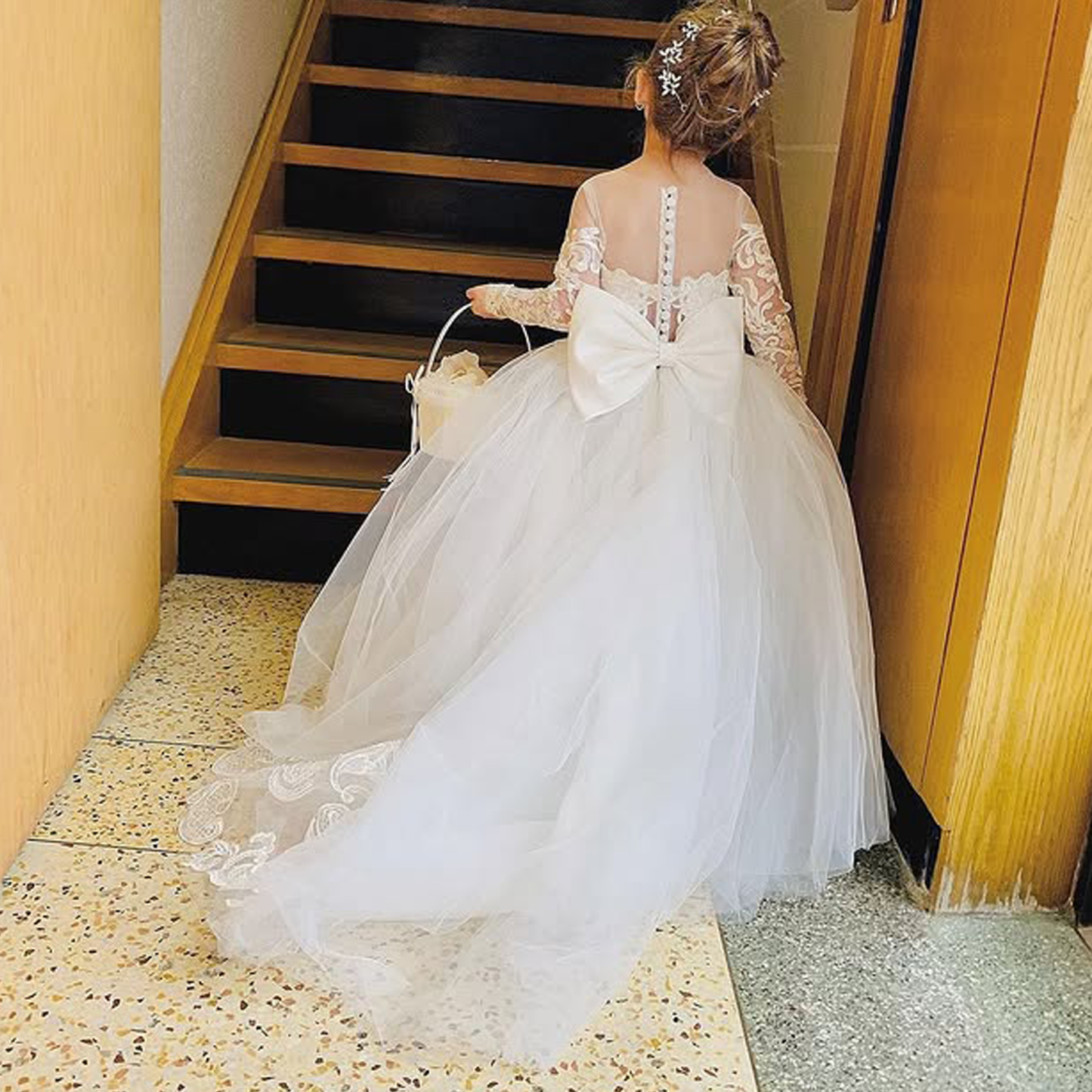 Mesh Applique Bow Long Sleeve Maxi Dresses - image 4