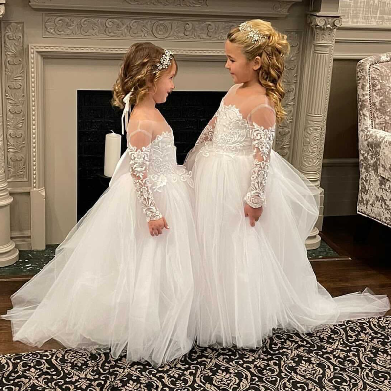 Mesh Applique Bow Long Sleeve Maxi Dresses - White - 15-16Y - image 6