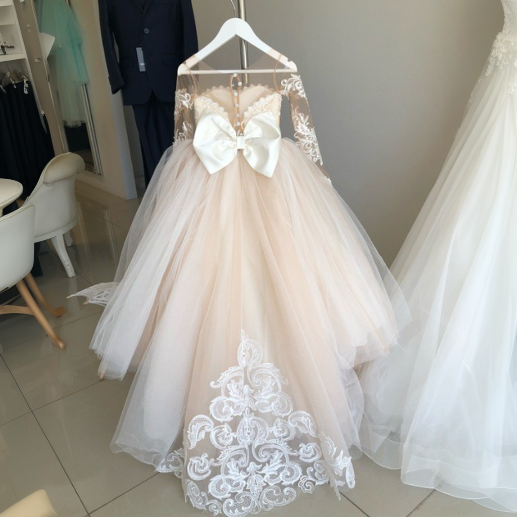 Mesh Applique Bow Long Sleeve Maxi Dresses - Champagne - 15-16Y - image 8