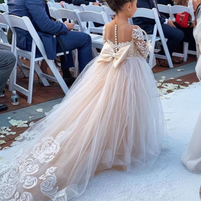 Mesh Applique Bow Long Sleeve Maxi Dresses - image 2