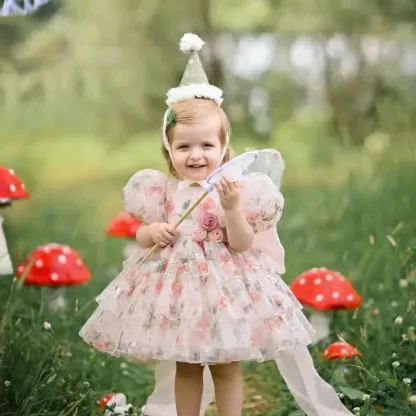 Organza Bow Short Sleeve Midi Dresses - Light Pink - 15-16Y - image 1