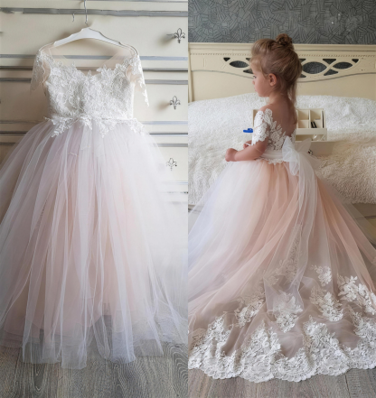 Mesh Applique Bow Long Sleeve Maxi Dresses - Light Khaki - 15-16Y - image 1