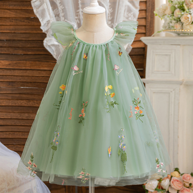 Mesh Floral-embroidered Cap Sleeve Midi Dresses - Green - 7Y - image 1