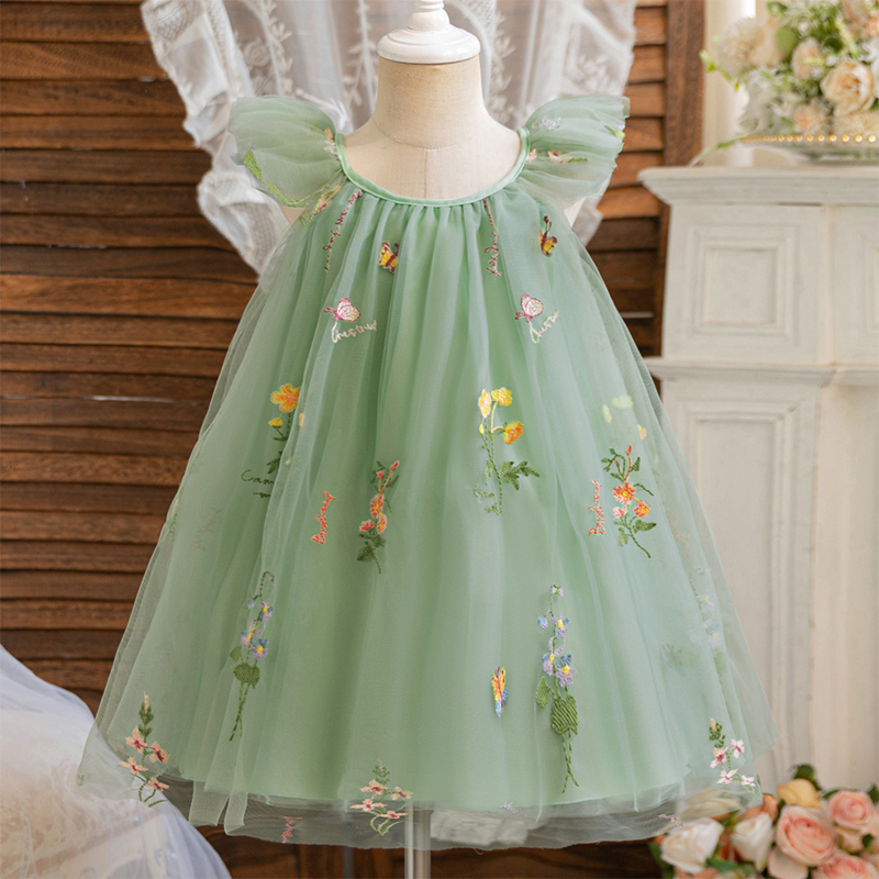 Mesh Floral-embroidered Cap Sleeve Midi Dresses - Green - 7Y - image 1