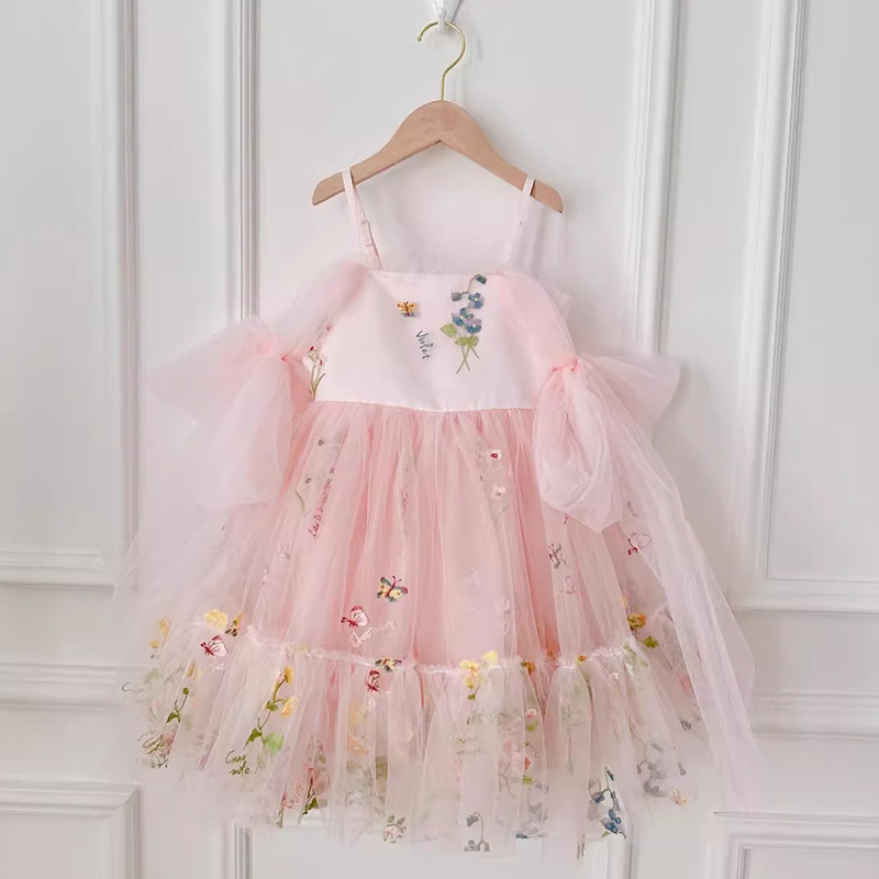 Mesh Floral-embroidered Sleeveless Mid-long Dresses - Pink - 5-6Y - image 12