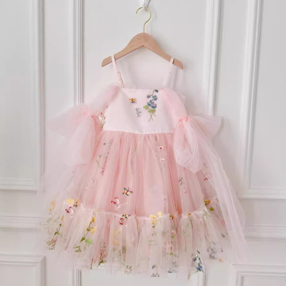 Mesh Floral-embroidered Sleeveless Mid-long Dresses - Pink - 5-6Y - image 12