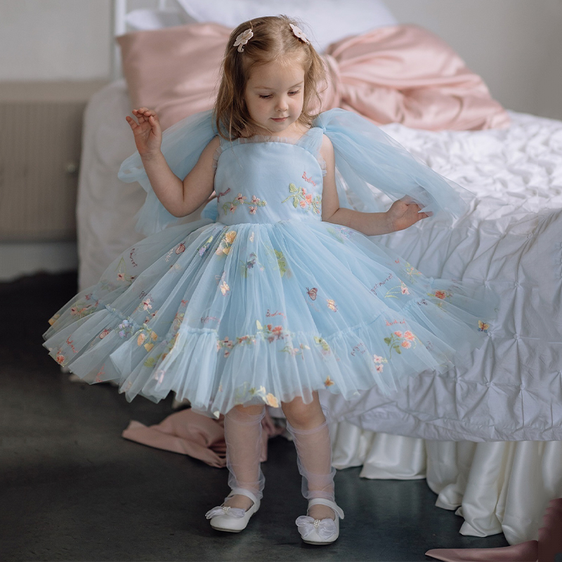 Mesh Floral-embroidered Sleeveless Mid-long Dresses - Blue - 5-6Y - image 1