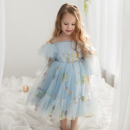 Mesh Floral-embroidered Sleeveless Mid-long Dresses - image 3