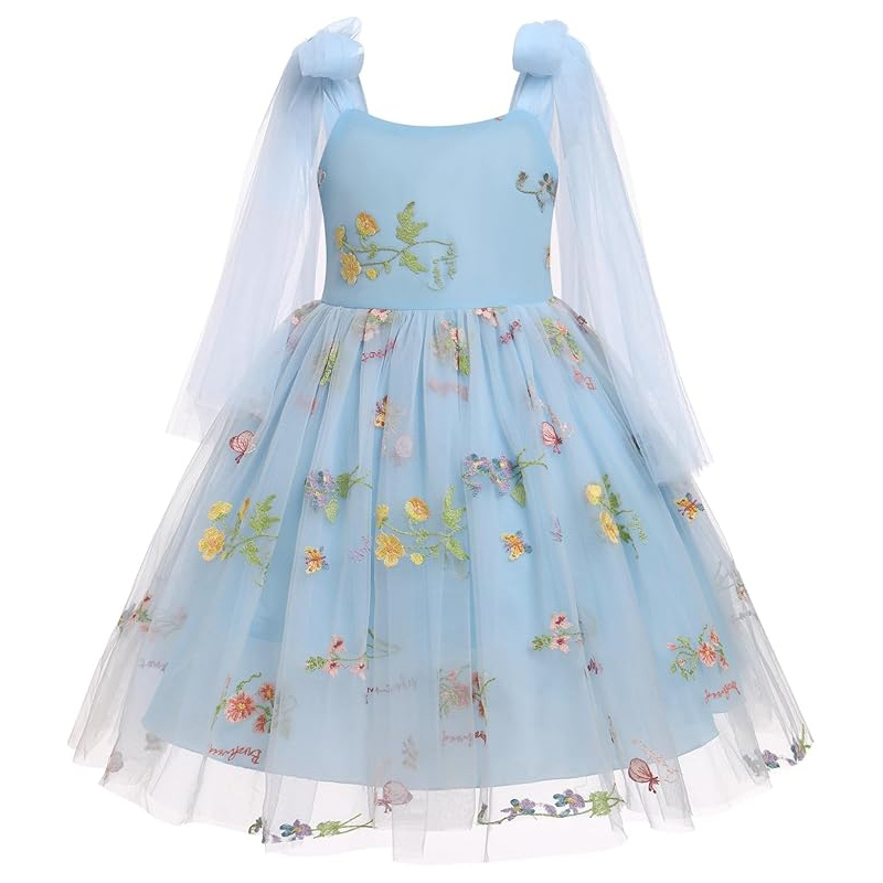 Mesh Floral-embroidered Sleeveless Mid-long Dresses - Blue - 5-6Y - image 24