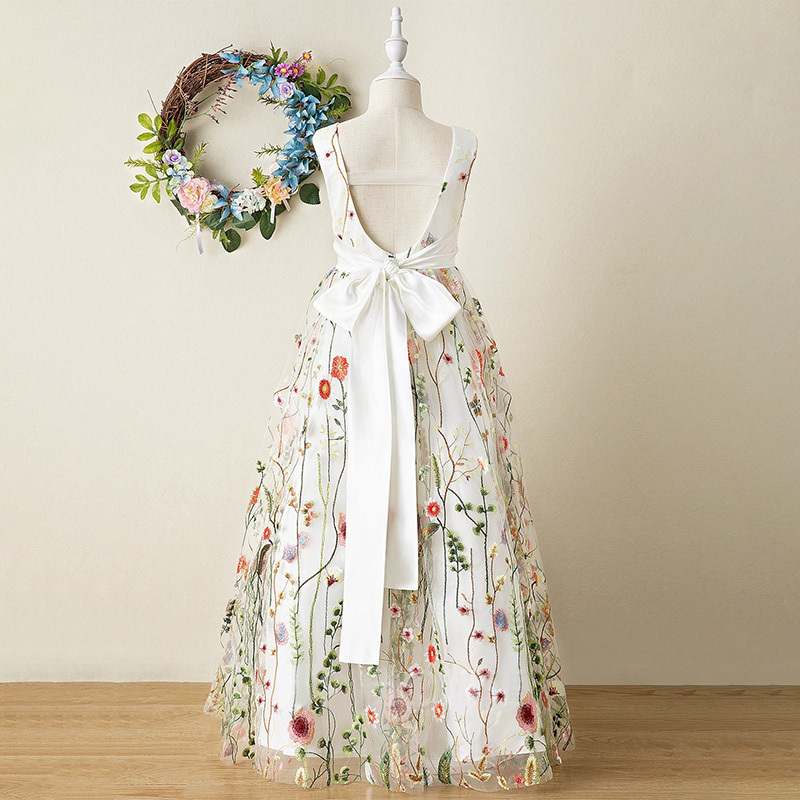 Mesh Floral-embroidered Sleeveless Long Dresses - White - 13-14Y - image 2