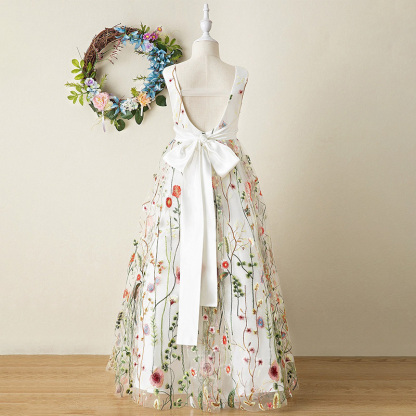 Mesh Floral-embroidered Sleeveless Long Dresses - White - 13-14Y - image 2