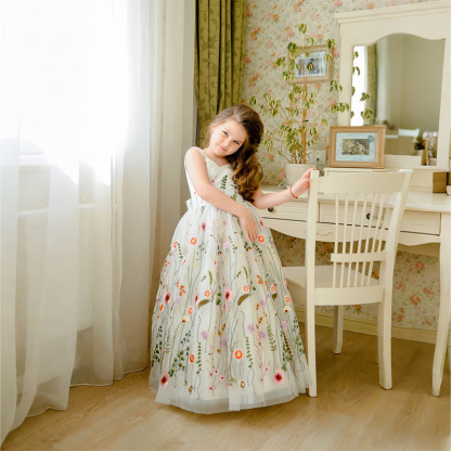 Mesh Floral-embroidered Sleeveless Long Dresses - image 4