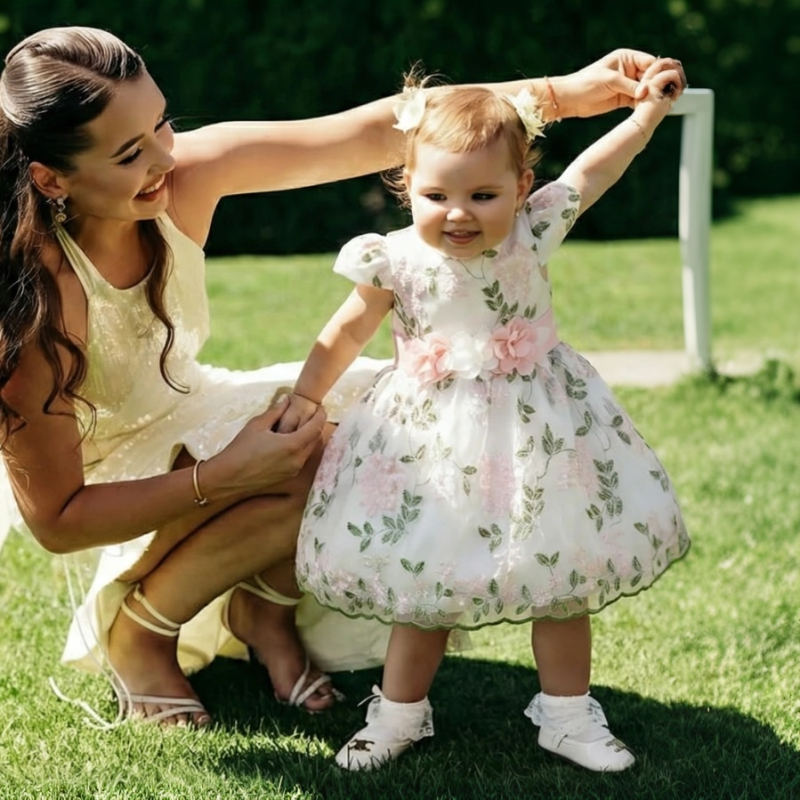 Mesh Bow Rosette Cap Sleeve Midi Dresses - image 1