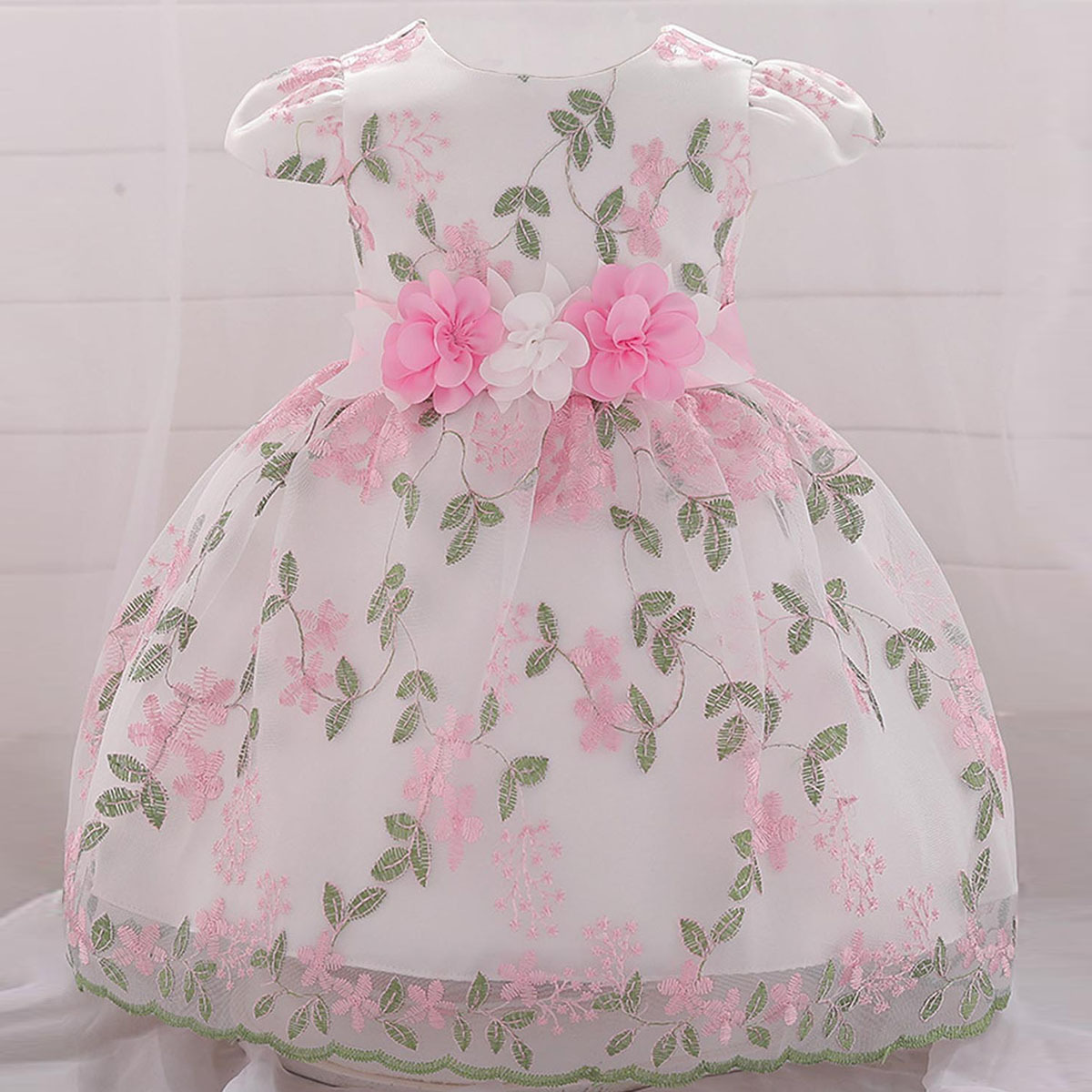 Mesh Bow Rosette Cap Sleeve Midi Dresses - Pink - 5-6Y - image 8