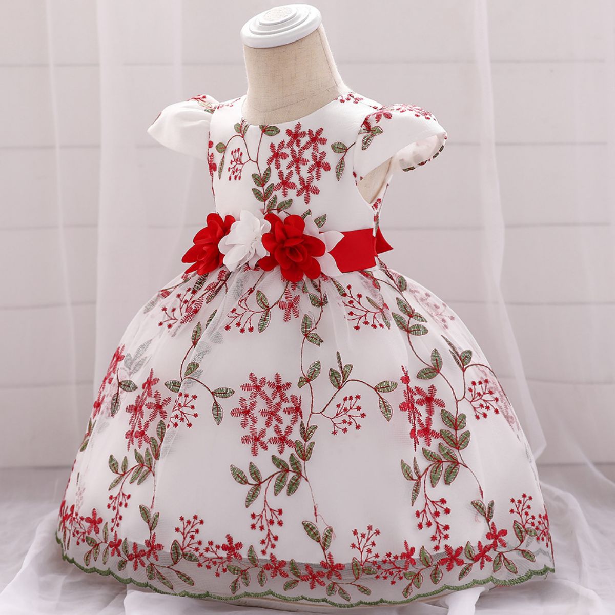 Mesh Bow Rosette Cap Sleeve Midi Dresses - Red - 5-6Y - image 11