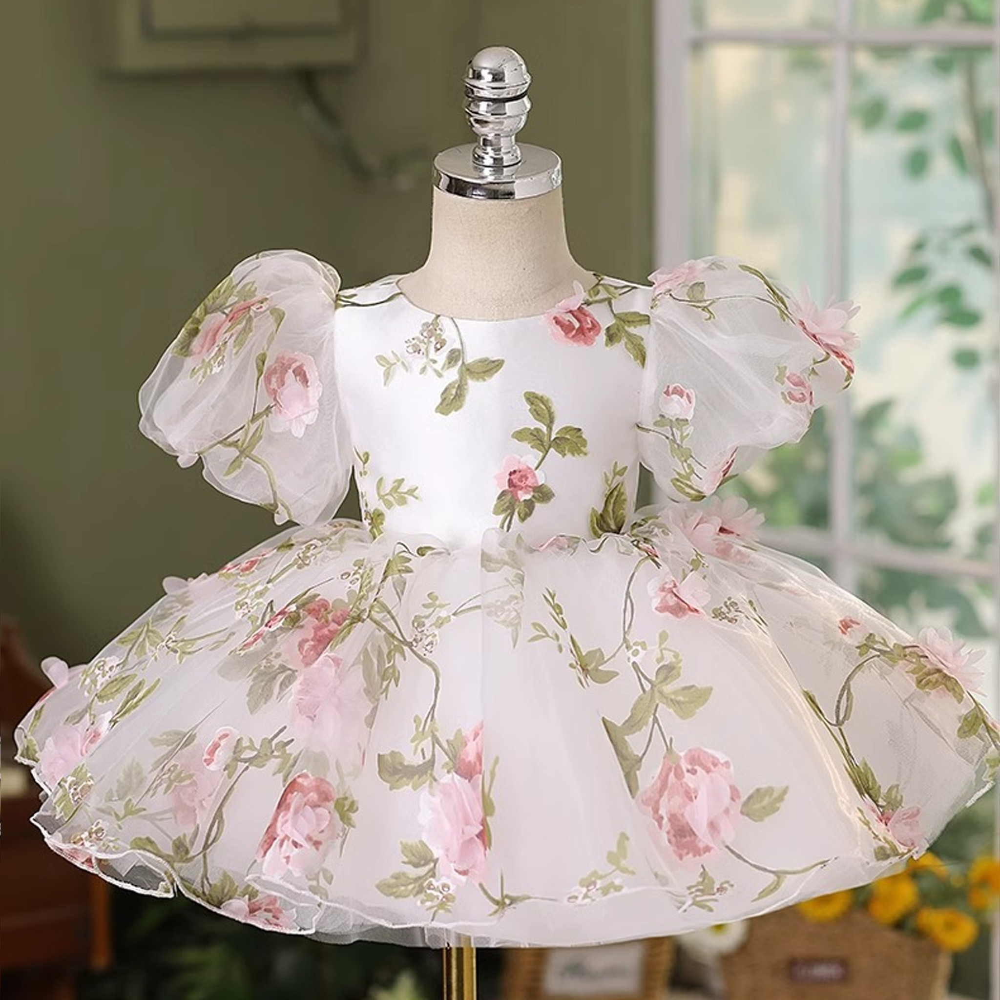 Organza Bow Floral-embroidered Short Sleeve Midi Dresses - White - 9-11Y - image 1