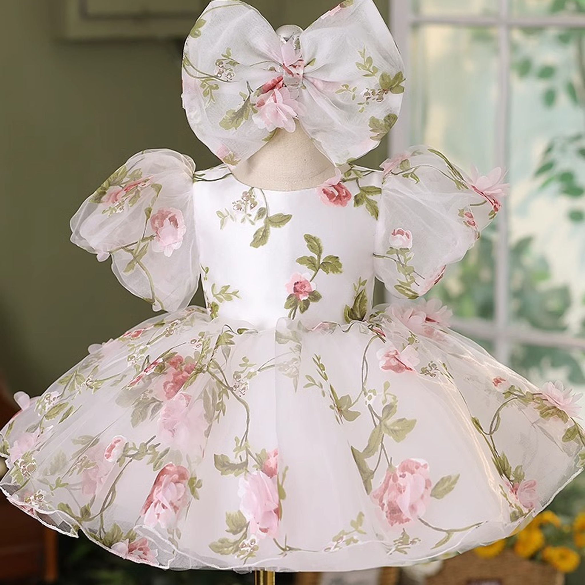 Organza Bow Floral-embroidered Short Sleeve Midi Dresses - image 2