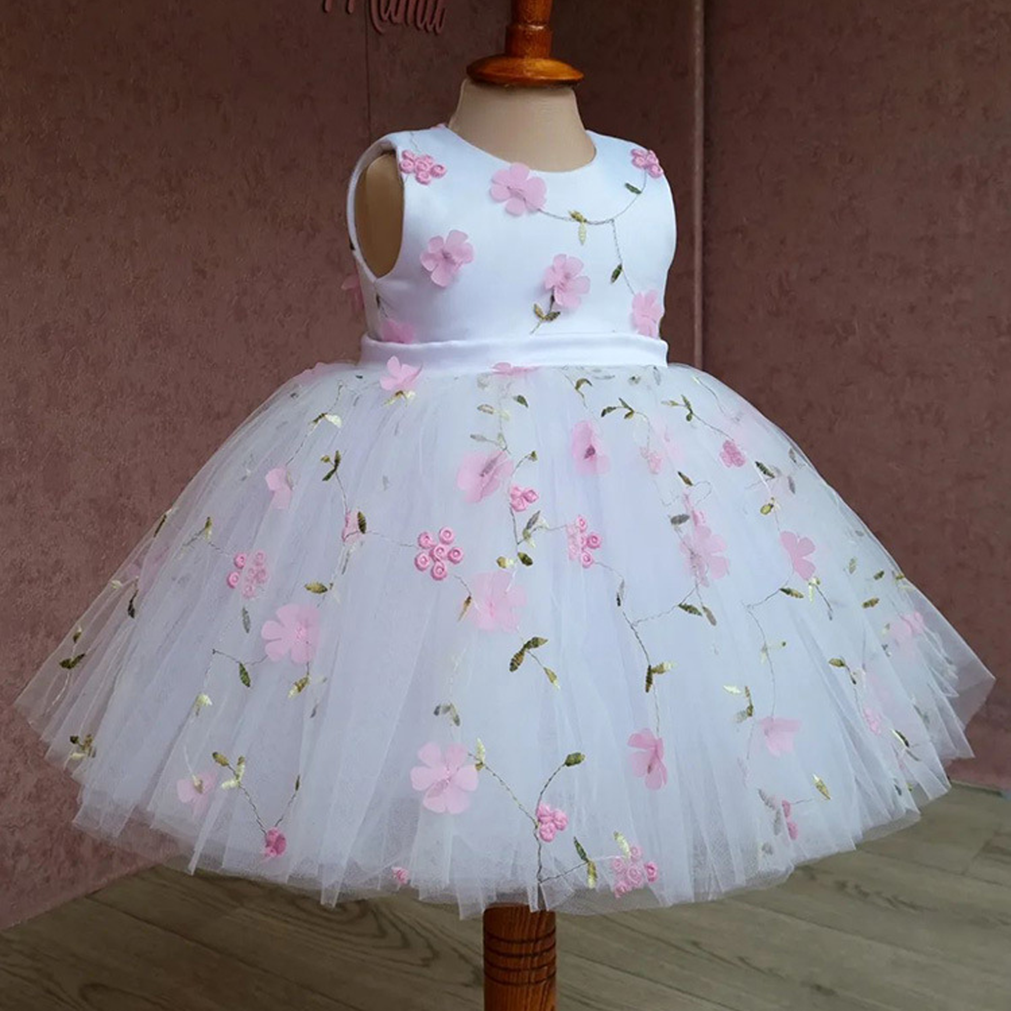 Mesh Bow Floral-embroidered Sleeveless Midi Dresses - White - 15-16Y - image 1