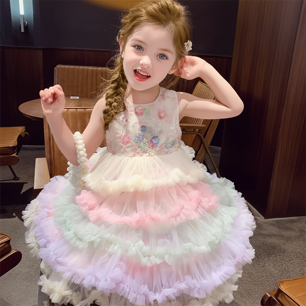 Mesh Floral-embroidered Folds Sleeveless Mid-long Dresses - image 2