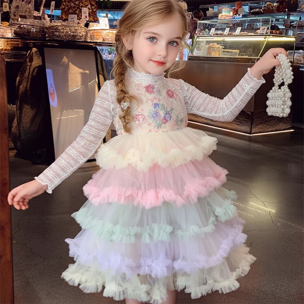 Mesh Floral-embroidered Folds Sleeveless Mid-long Dresses - Rainbow - 10-11Y - image 1