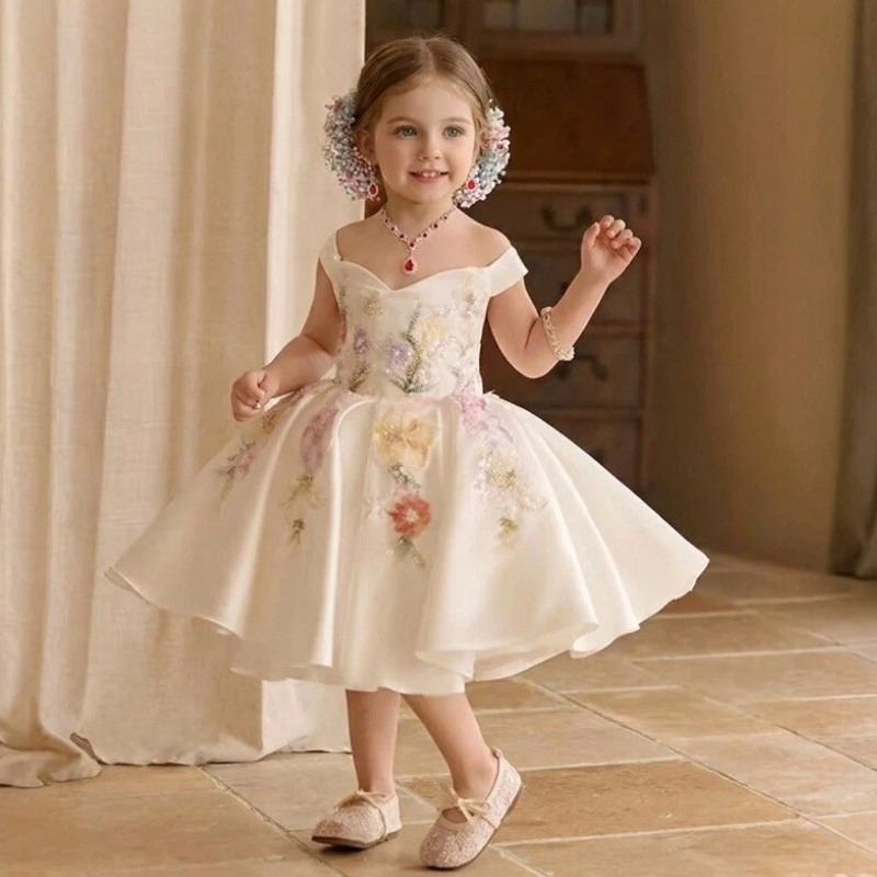 Satin Floral-embroidered Sleeveless Midi Dresses - Beige - 9-10Y - image 1