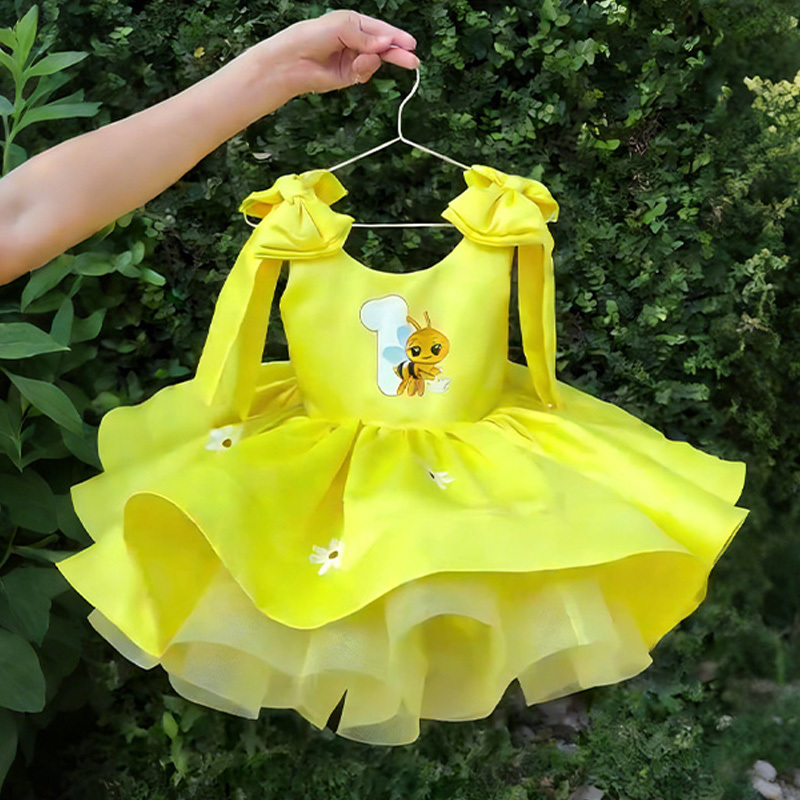 Satin Bow Printing Sleeveless Short Dresses - Yellow - 1Y - image 1
