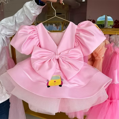 Satin Bow Printing Short Sleeve Short Dresses - image 6