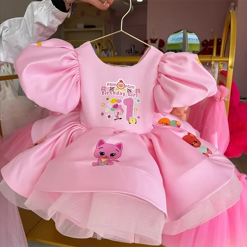 Satin Bow Printing Short Sleeve Short Dresses - Pink - 1Y - image 1