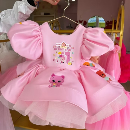 Satin Bow Printing Short Sleeve Short Dresses - Pink - 1Y - image 1